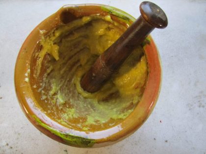 The original alioli, also known as ajo, is an emulsion purely of raw garlic and olive-oil. Altamiras stabilised it with egg yolks and breadcrumbs.