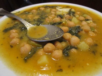Chickpeas stewed with raw salt-cod and spices, and served with greens, become today’s much- loved potaje de cuaresma.