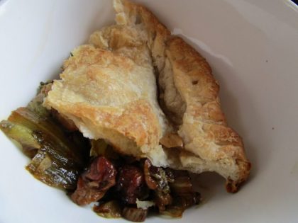 A deep-dish pie works well for Altamiras’s chunky chicken and lettuce pie.