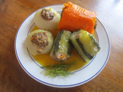 Courgettes, pumpkins and onions stuffed with spiced minced lamb filling are good braised and served in their own cooking juices.