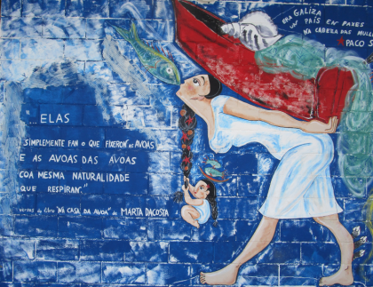 A fresco at Muxia fish market evokes the themes of my essay on Galician Christmas, festive food, migration and memory.