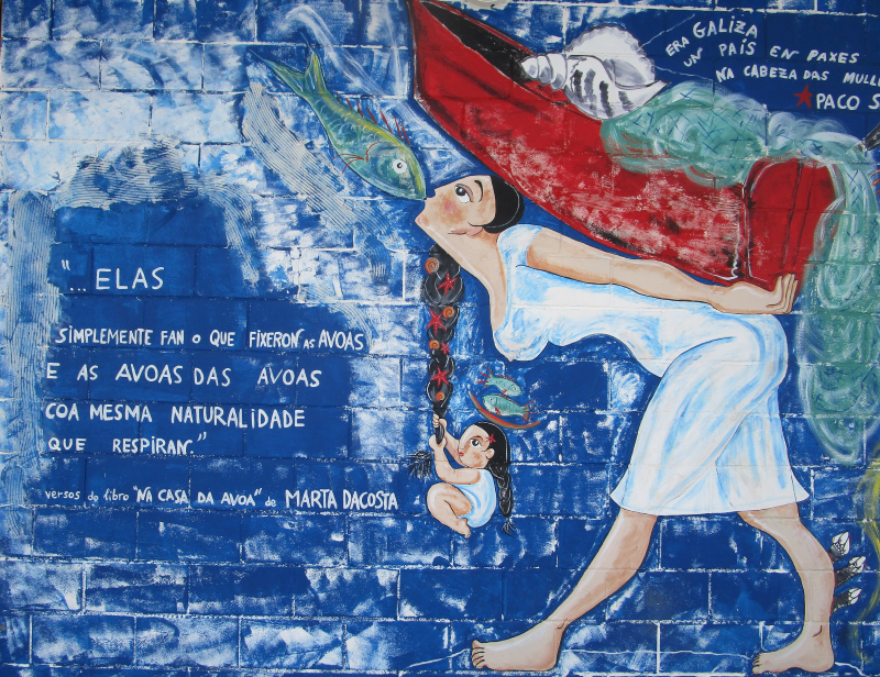 A fresco at Muxia fish market evokes the themes of my essay on Galician Christmas, festive food, migration and memory.