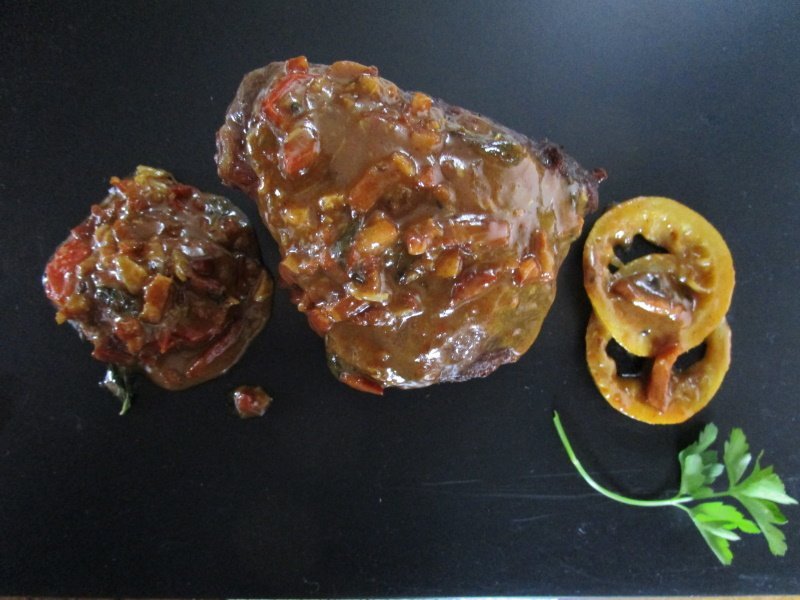 Braised beef, ox or calf cheeks have gelatinous textures. Try serving them with slices of salted or pickled lemon.