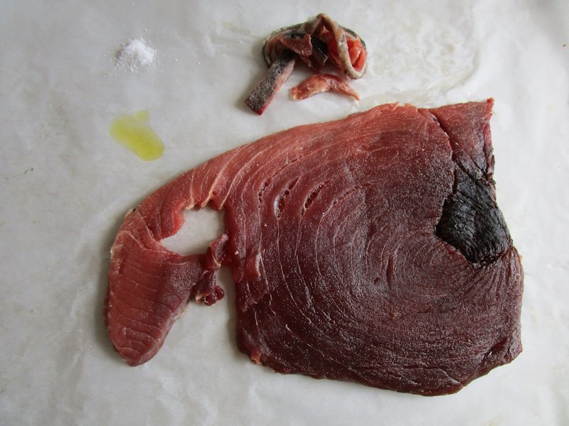 Sliced fresh tuna fillet, cleaned of skin and membranes, and with the dark flesh left in for flavour and contrast.