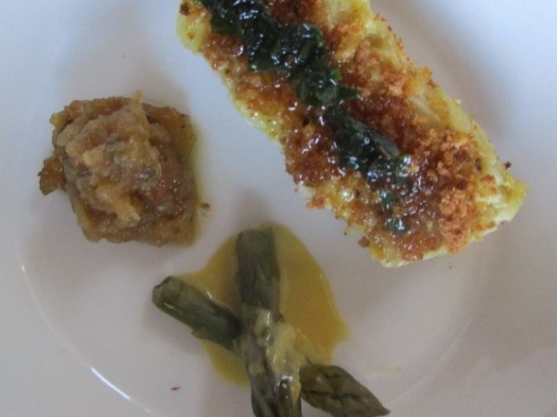 Steamed cabbage custard with onion compote and asparagus tips.