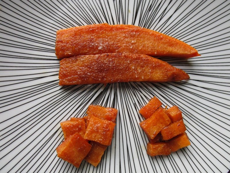 Sweet potatoes cut in chunks, small cubes or long thin slices before being coated with browned flour and fried in olive oil (evoo). Sweet potatoes cut in chunks, small cubes or long thin slices before being coated with browned flour and fried in olive oil (evoo).